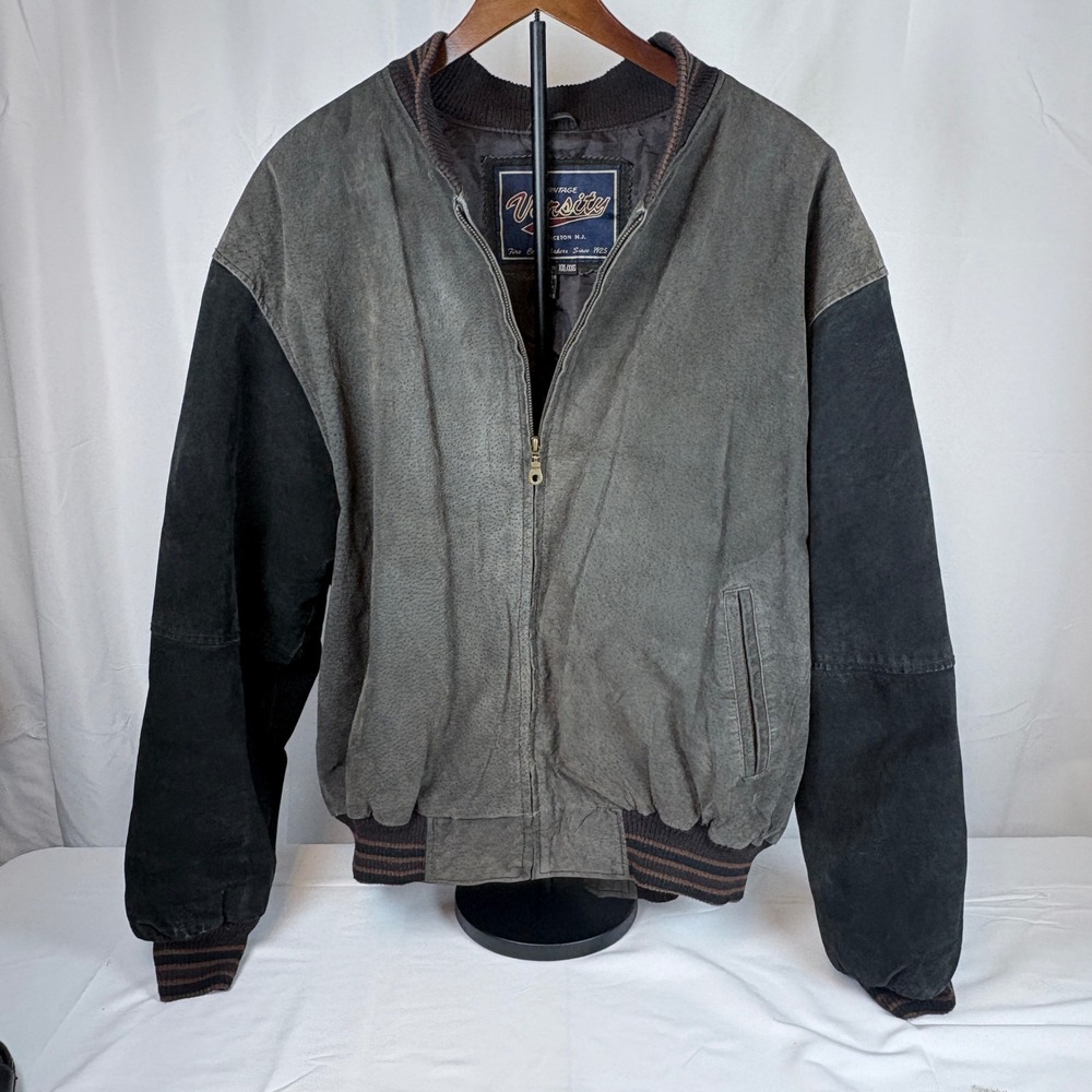 Vtg Varsity Princeton NJ Suede Bomber Jacket Mens XXL Grey Black Elbow Patches